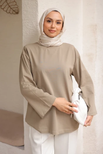 Haki Bisiklet Yaka Oversize Kol İnce Penye Sweat