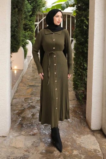 Haki Düğmeli Triko Elbise
