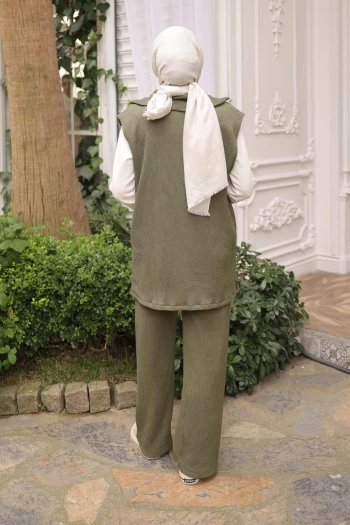 Haki Fitilli Yelek Tunik Pantolonlu Üçlü Takım
