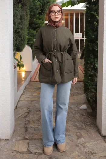 Haki Kapitone Desenli Astarlı  Çıtçıtlı Ceket