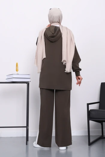 Haki Kapüşonlu Renk Bloklu Tunik Pantolonlu Takım