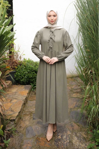 Haki Kol Lastikli Yaka Bağlamalı Bürümcük Elbise