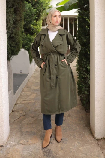 Haki Kruvaze Yaka Astarlı Trençkot