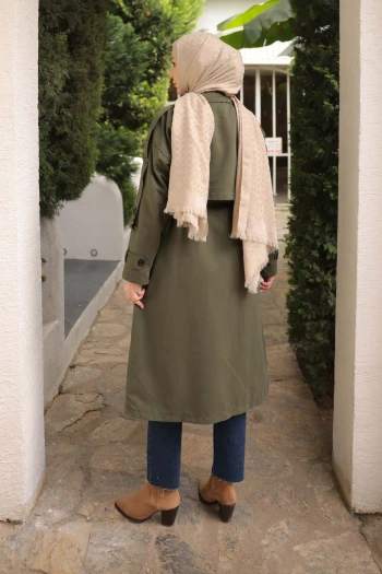 Haki Kruvaze Yaka Astarlı Trençkot