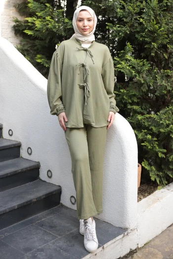 Haki Ön Bağlamalı Bürümcük Kimono Pantolonlu Takım