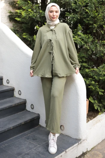 Haki Ön Bağlamalı Bürümcük Kimono Pantolonlu Takım