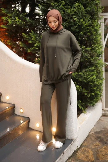 Haki Ön Detaylı Modal Tunik Pantolonlu Takım