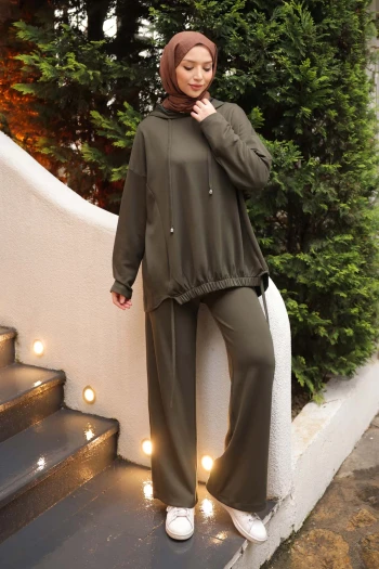 Haki Ön Detaylı Modal Tunik Pantolonlu Takım