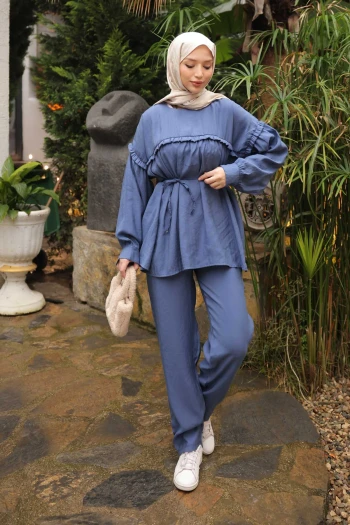 İndigo Beli İpli Tunik Pantolonlu Modal Takım