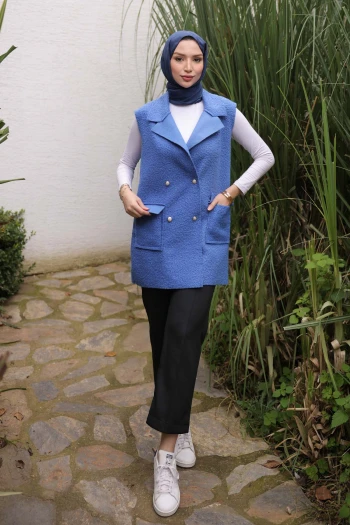 İndigo Kruvaze Yaka Cepli Buklet Yelek