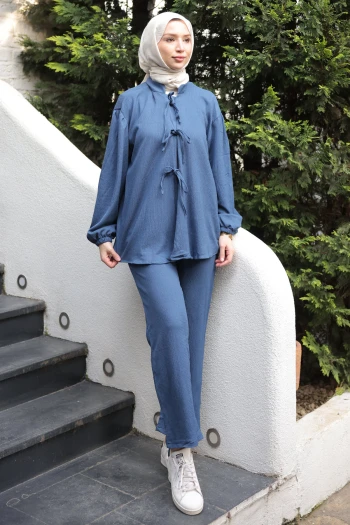 İndigo Ön Bağlamalı Bürümcük Kimono Pantolonlu Takım