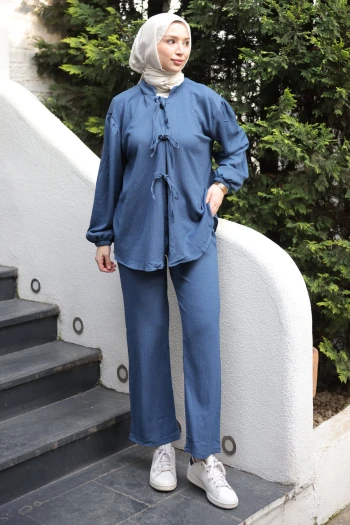 İndigo Ön Bağlamalı Bürümcük Kimono Pantolonlu Takım