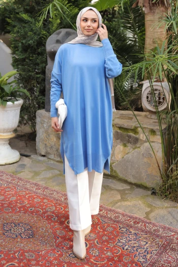 İndigo Salaş Kalıp Uzun Boy Triko Tunik