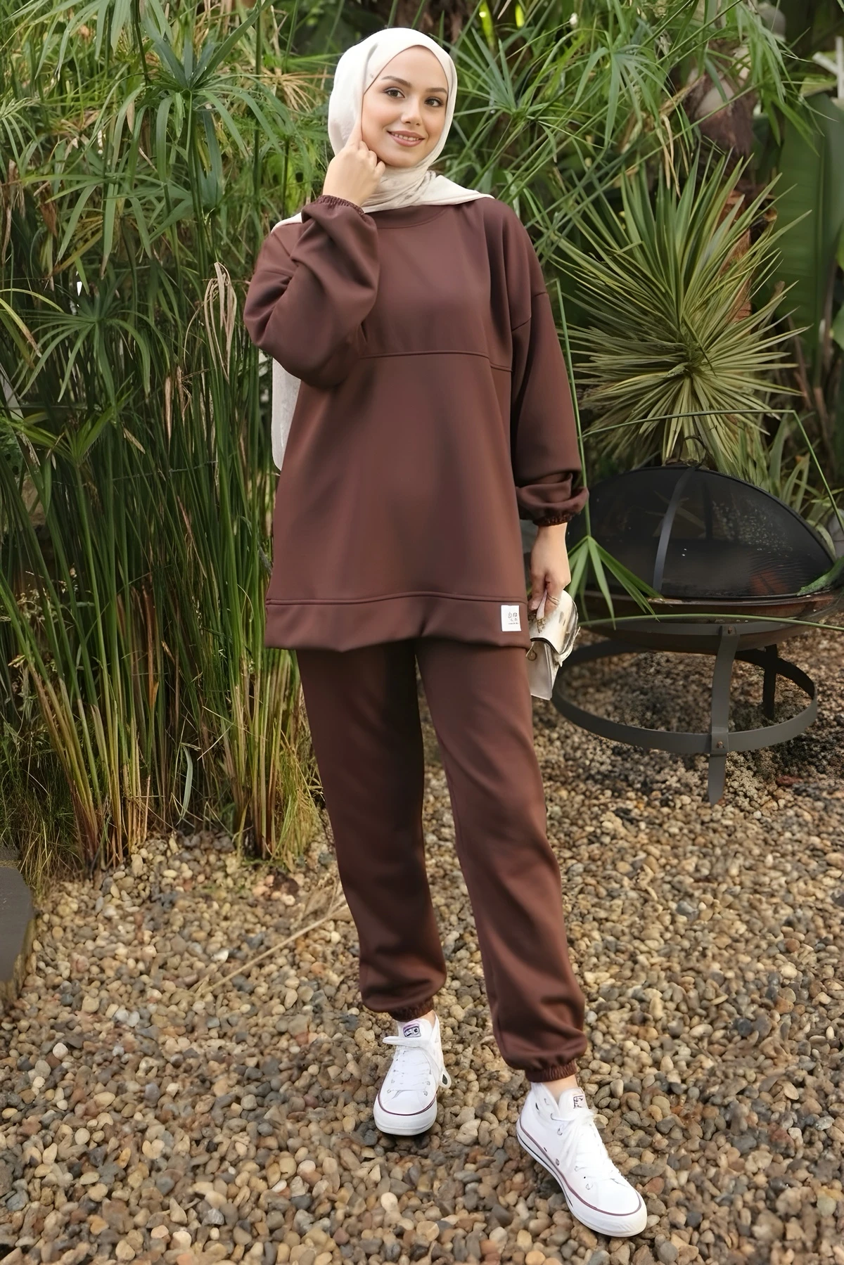 Kahverengi Armalı Tunik Pantolonlu Takım