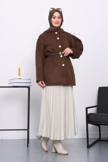 Kahverengi Bel Lastikli Kemerli Kaşe Çeket