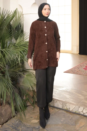 Kahverengi Düğmeli Angora Yumoş Triko Hırka