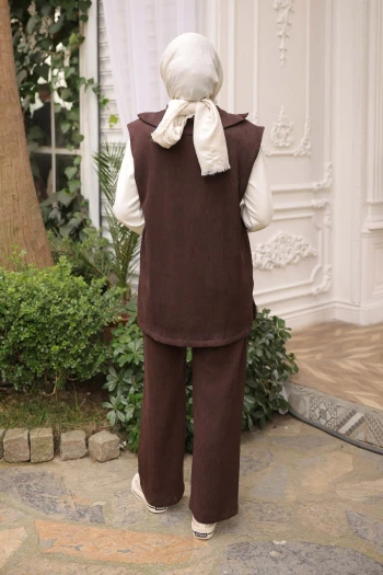 Kahverengi Fitilli Yelek Tunik Pantolonlu Üçlü Takım