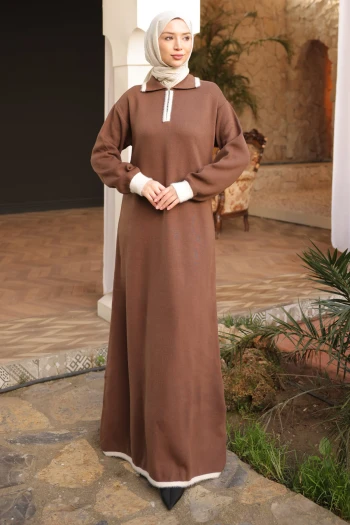 Kahverengi Gömlek Yaka Fermuarlı Triko Elbise