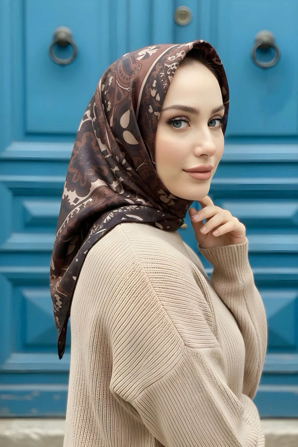 Kahverengi İpekhan Soft Dijital Pamuklu Eşarp