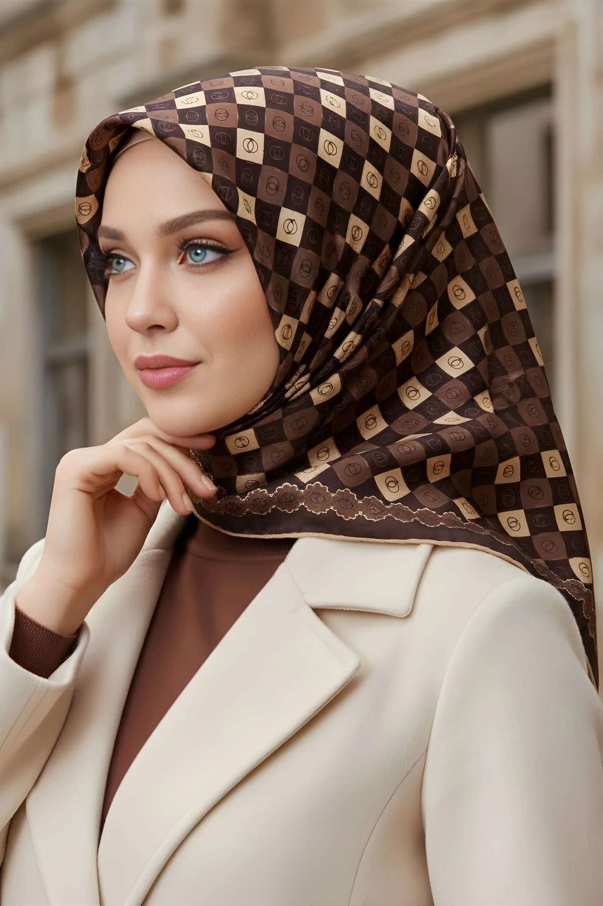 Kahverengi İpekhan Soft Dijital Pamuklu Eşarp