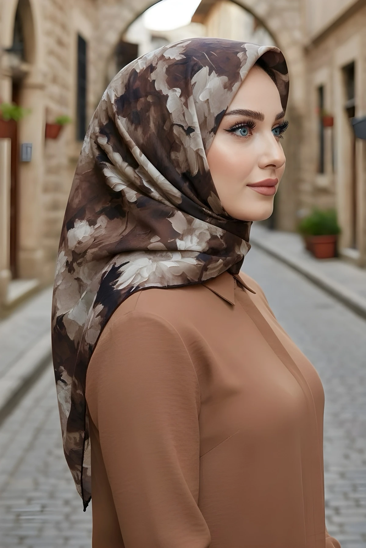 Kahverengi İpekhan Soft Dijital Pamuklu Eşarp