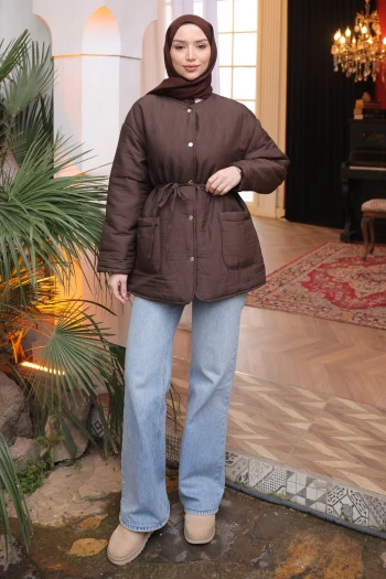 Kahverengi Kapitone Desenli Astarlı  Çıtçıtlı Ceket