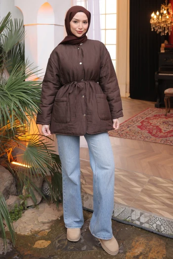 Kahverengi Kapitone Desenli Astarlı  Çıtçıtlı Ceket