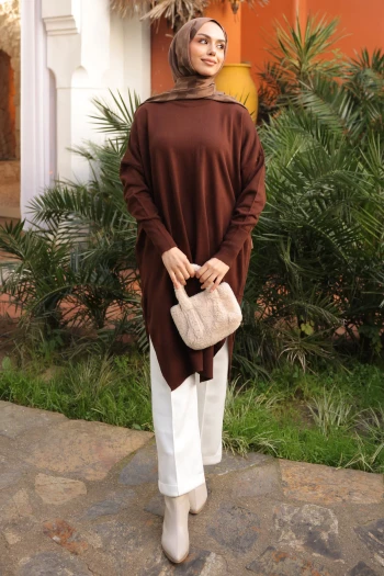 Kahverengi Salaş Kalıp Uzun Boy Triko Tunik