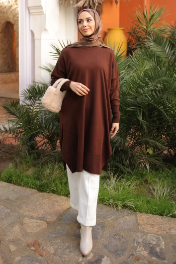 Kahverengi Salaş Kalıp Uzun Boy Triko Tunik