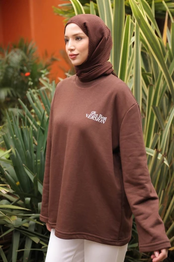 Kahverengi Sırt Baskı Detaylı İki İplik Sweatshirt