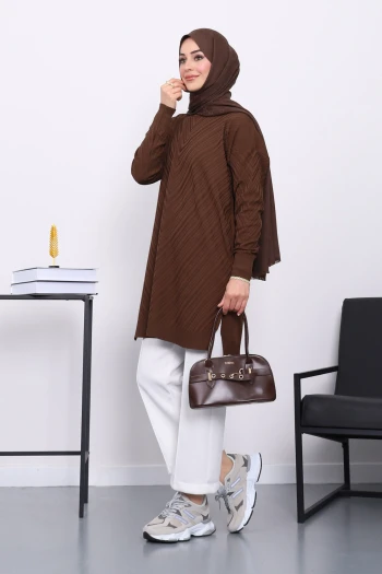 Kahverengi Soğuk İplik Merserize Triko Tunik