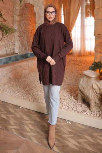 Kahverengi Soğuk İplik Merserize Triko Tunik