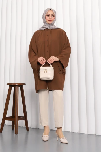 Kahverengi Yarasa Kol Linda Tunik