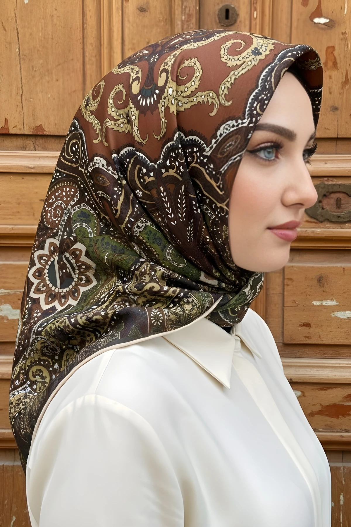 Kahve/Yeşil İpekhan Soft Dijital Pamuklu Eşarp