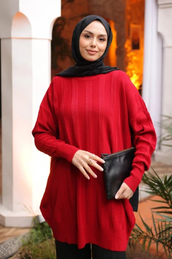 Kırmızı Bisiklet Yaka Merserize Salaş Triko Tunik