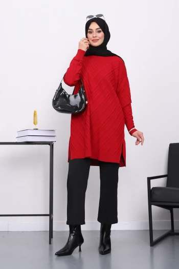 Kırmızı Soğuk İplik Merserize Triko Tunik