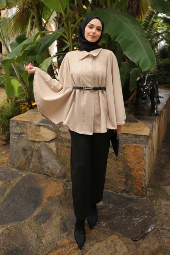 Koyu Bej Kemerli Kaşe Panço