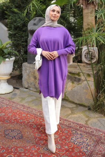 Koyu Lila Salaş Kalıp Uzun Boy Triko Tunik