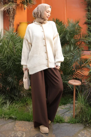 Krem Balon Kol Düğmeli Triko Hırka