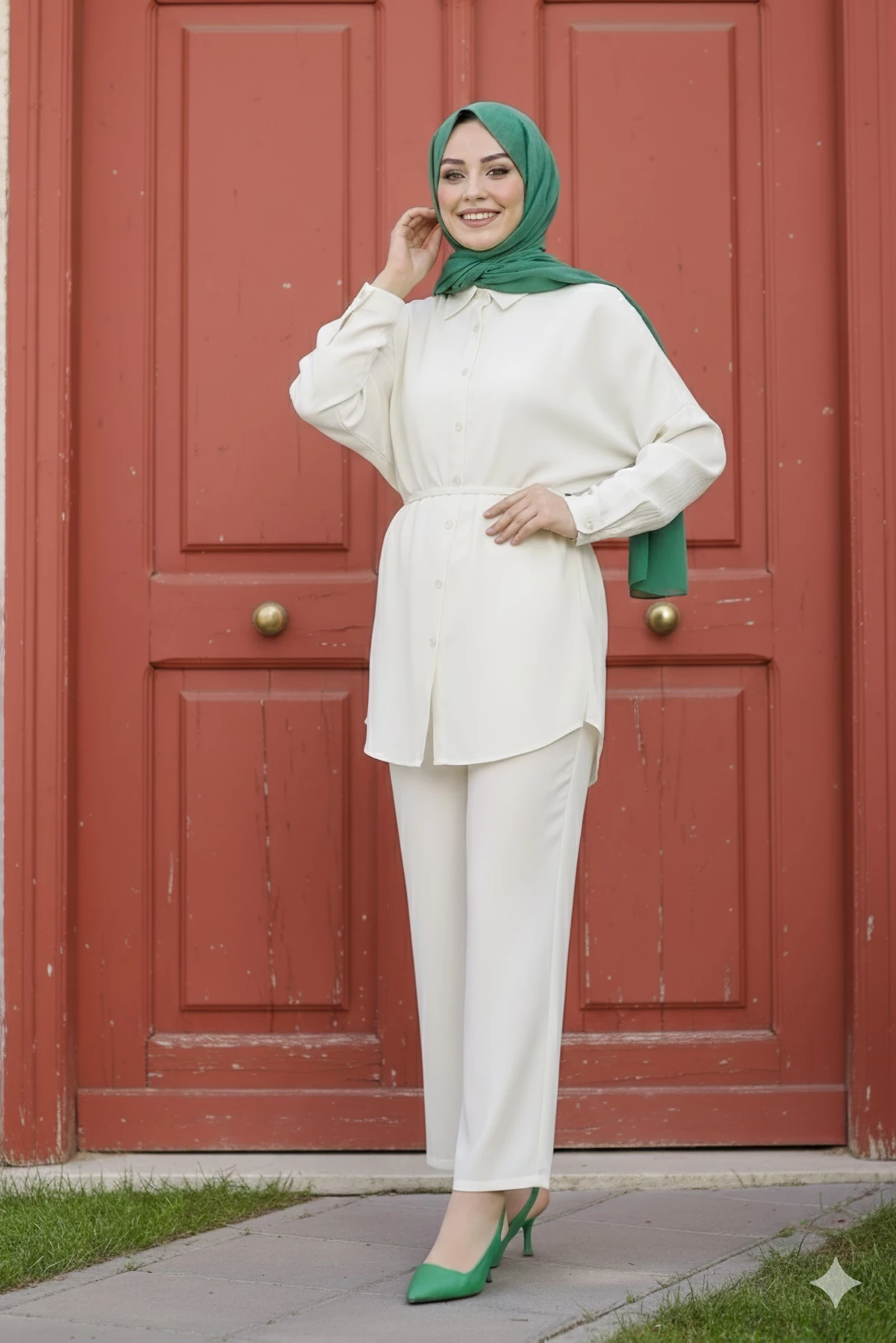 Krem Bel Kuşaklı Tunik Pantolon Takım