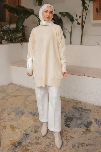 Krem Bisiklet Yaka Soğuk İplik Triko Tunik