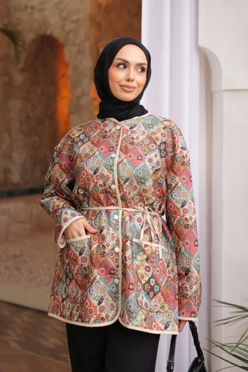 Krem Desenli Çıtçıtlı Ceket