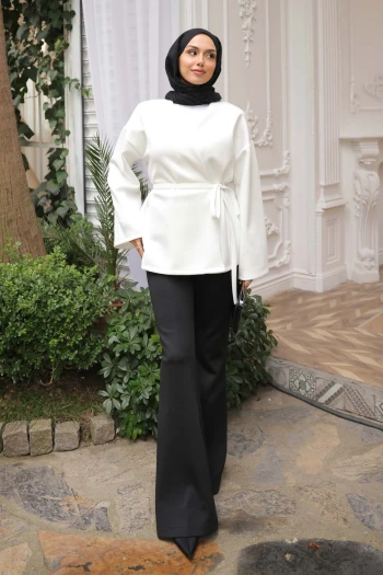 Krem Kuşaklı Scuba Kimono