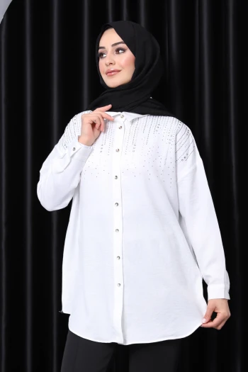 Krem Taş Detaylı Gömlek