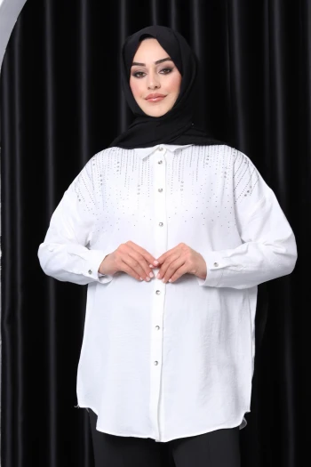 Krem Taş Detaylı Gömlek