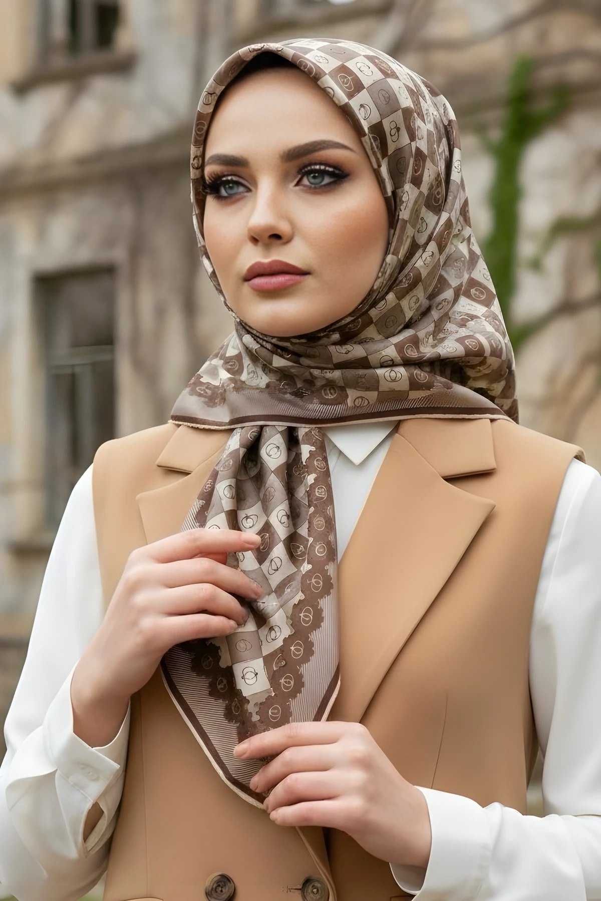 Krem/Vizon İpekhan Soft Dijital Pamuklu Eşarp