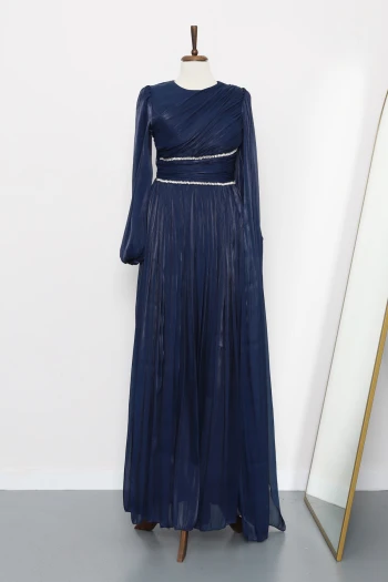 Lacivert Bel Büzgülü Taşlı Abiye