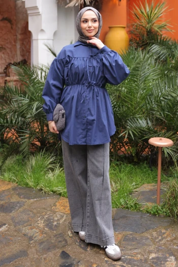 Lacivert Bel Lastikli Düğmeli Tunik