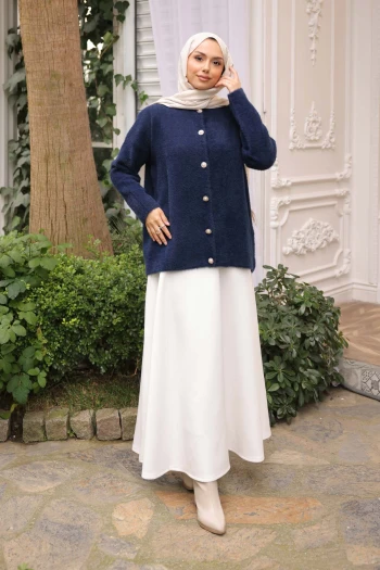 Lacivert Bisiklet Yaka Angora Yumoş Hırka