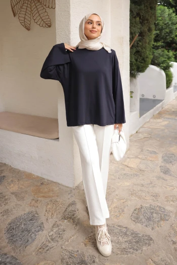 Lacivert Bisiklet Yaka Oversize Kol İnce Penye Sweat